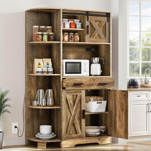 DWVO 67.3 Farmhouse Kitchen Pantry, Storage Cabinet Baker Rack with Power Outlet, Freestanding Hutch with Barn Door & Drawer, Buffet Sideboard with Microwave Stand for Dining Room, Rustic Brown