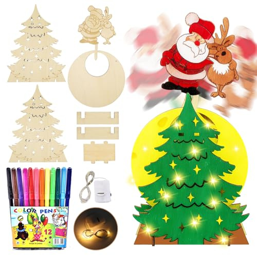 Bastelset Weihnachten, LED Weihnachtsdeko Holz, Weihnachten Basteln Hölzern Weihnachtsbaum, Swinging Holz Weihnachtsdeko mit Aquarellstift und Lichterkette, DIY Weihnachtsbaum Basteln Geschenk