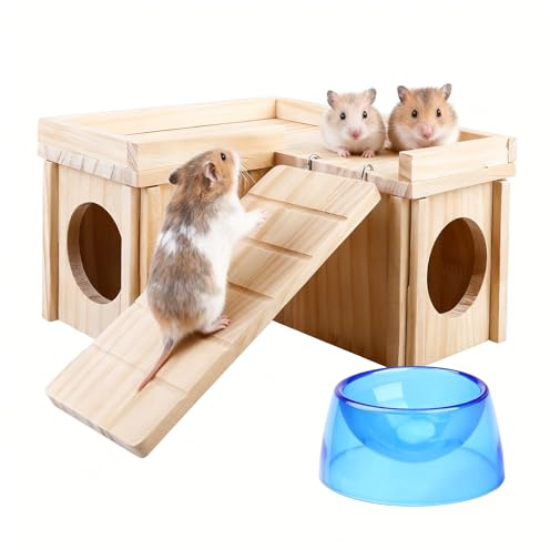 Hamsterversteck aus Holz: Hamsterhaus Labyrinth mit Futternapf, Hamsterversteck mit Leiter, Abnehmbares Kleintierkäfig, hölzerne Lebensräume Dekor Käfig Zubehör für kleine Tiere, Gerbils (20×20×12cm)
