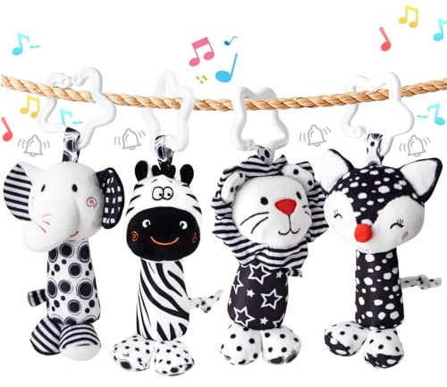 Growithu Pram Toys for Babies 0-6 Months - 4 PCS Newborn Black and White Sensory Toys Animal Baby Car Seat Toys Hanging