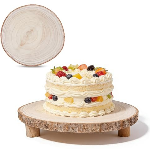 DICOSMETIC 1Pc Wooden Cake Stands Round Wood Pedestal Rustic Cake Holders 12.4x12.01x2.09 Inch 1-Tier Cupcake Display Stand Wood Slice with Leg for Wedding Birthday Party