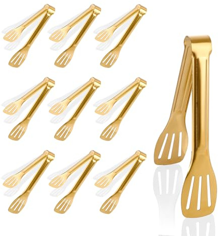 WeeGoo 10 Pcs 7 Gold Tongs, Stainless Steel Serving Tong | Non-slip Handle, for Kitchen Buffet Parties Picnic