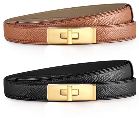 Ahokei Skinny Gürtel Damen, Ledergürtel Damen Taillengürtel Damengürtel Leder Beidseitig Damengürtel für Jeans Klassisch Gold Drehverschluss Schmaler Gürtel 2 Stück Schwarz Braun Geschenke für Frauen