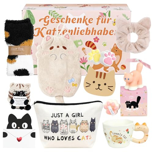 FTUREERA Geschenke für Katzenliebhaber, Katze Geschenk mit Tasse Duftkerze Untersetzer Plüschkatze Kosmetiktasche Badesalzball Socken, Katzenmotiv Geschenke für Katzenbesitzer Frauen