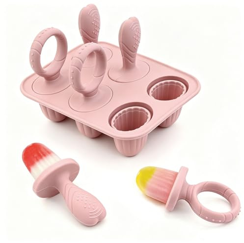 QEEYON Silikon Eisformen für Kinder, 6 Mulden Mini Eisformen Eis am Stiel für Kleine Hände, mit Stielen, BPA-Frei Lebensmittelecht, ideal für Fruchtpüree & Milcheis am Stiel (Rosa）