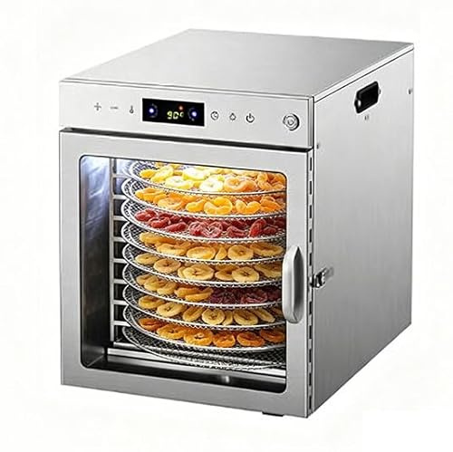 Roterande mattork i rostfritt stål med 10 brickor,800W torktumlare med 30-90°C justerbar termostat och 24-timmars timer, 360° effektiv torkning, torkningsmaskin.(10tray)