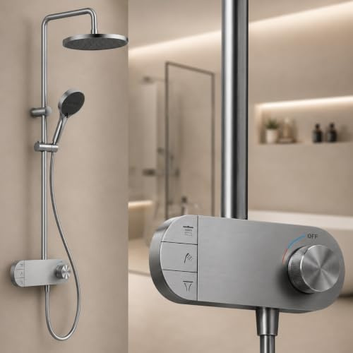 INEX EUROPA Premium-Duschsäule aus Edelstahl, Schwarz/Grau-Titan, 10 Jahre Garantie – Runde Regenduschsäule mit 3 Betriebsmodi – 156 cm Duschturm, Schwarz/Grau-Titan