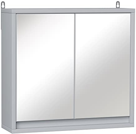 HOMCOM Armadietto Bagno con Specchio a 2 Ante, Specchio Bagno Contenitore con Ripiano Regolabile in Legno, 48x14.5x45cm, Grigio