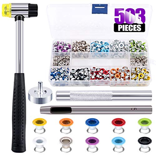 Swpeet Juego de 500 ojales de metal de 10 colores de 3/16 pulgadas con mazo ligero y suave, kits de ojales de metal multicolor con herramientas de instalación para herramientas de armería de cuero