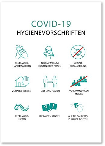 STROBO 10 Stück Aufkleber Covid-19 Hygienevorschriften als DIN A4 29,7 x 21,0 cm | Sticker mit geschlitzter Rückseite für den Innen- und Außenbereich | UV-Schutz, Wind- und Wetterfest