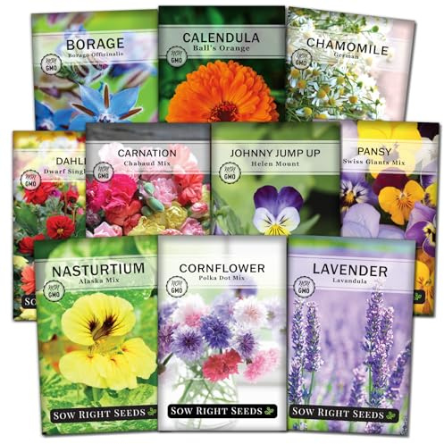 Sow Right Seeds - Edible Flower Seed Collection for Planting - Individual Packets Nasturtium, Pansy, Lavender, Chamomile, Calendula, Violet, and Borage, Non-GMO Heirloom Seed to Grow a Flower Garden
