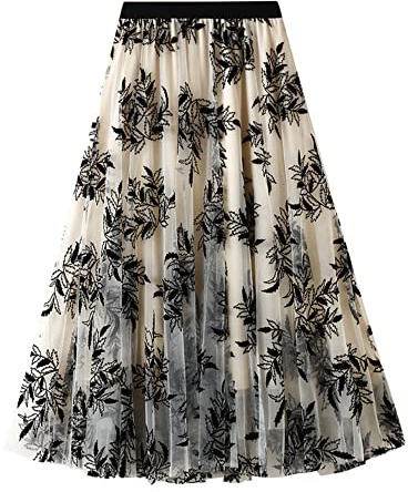Dirholl Women's A-Line Fairy Patterned Elastic Waist Ruffle Tulle Layered Midi Skirt Foliage Apricot