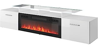 Homlando TV-skåp Rova EF 190 cm med elektrisk öppen spis, fräst front, högkvalitativ MDF, lågbräda, skåp, TV-bord, skänk, byrå, Hi-fi-bord, TV-bord (vitglänsande, vit)