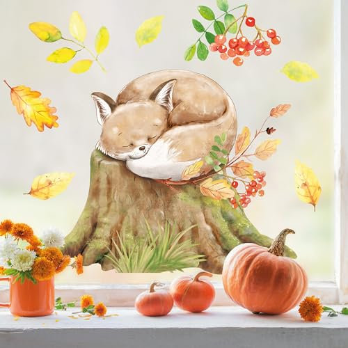 Wandtattoo Loft Fensterbild Herbst Fuchs auf Baumstamm, A4 Bogen, Herbstdeko Fenster Kinderzimmer, Herbstbilder Fenster, Fensterbild Herbst Kinder, Herbstblätter Fenster, Fensterfolie Herbst