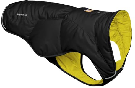 Ruffwear Quinzee mittelgroße Hunde-Regenjacke, isolierter Allwetter-Hundemantel, wasserabweisende Hundejacke, leichte Hundeweste und Tragetasche, Größe M, Obsidianschwarz