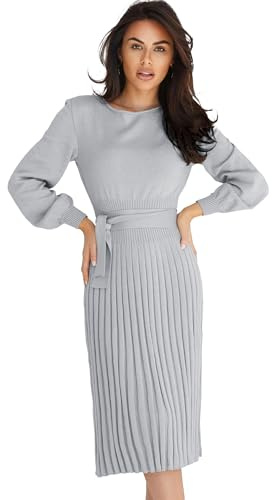 Ever-Pretty Robe Pull Femme d'hiver Élégante Col Rond Ceinture Manches Longues Casual Chic Gris XL