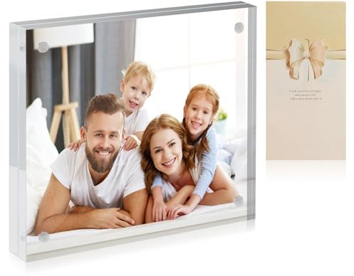 5X5 Acrylic Photo Frame - Magnetic Picture Frame with Champagne Bow Card, 12.7x12.7cm Multi-Purpose Clear Glass Like Picture Frame, Tabletop Magnetic Frames Photo Holder,Event Keepsake Picture Display