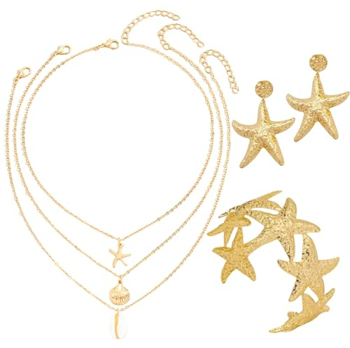 PEZPEOR Muschel Sommer Schmuck Gold Boho Schmuck Set Damen Gold Armreifen Hängend Ohrringe mit Seestern Design Muschelkette Seestern Kette Vintage Schmuck für Frauen Strand Urlaubsoutfit