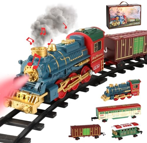 Christmas Train Set, with Lights, Sound and Smoke Effect, Christmas Train Set for Under Tree, Electric Train Sets with DIY Track Assembly, Rechargeable Steam Train Toy for 3 + Year Old Kids