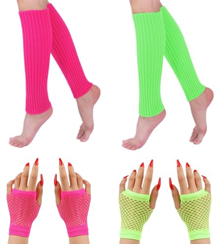 SEESUNO 2 Pairs Neon Leg Warmers + 2 Pairs Fishnet Gloves, 80s Retro Fancy Dress Costume Set, Rose Red & Fluorescent Green Outfit Accessories for Women