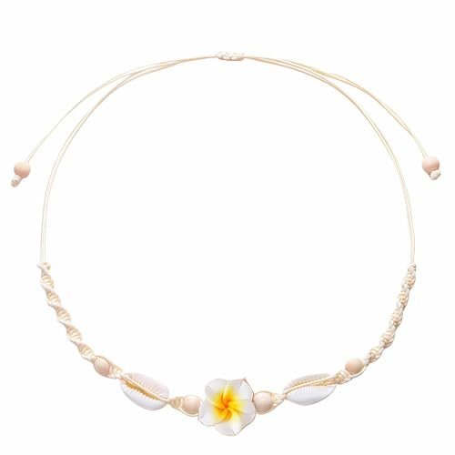 SREFGAS Weiß Muschelkette für Damen Weiß Frangipani Blüten Ketten Verstellbar 36-68 CM Muschel Halskette Beach Necklaces Seashell Necklace 1 Stk