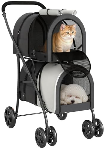 PawHut Carrello doppio per cani e gatti Passeggino pieghevole per animali domestici con 2 trasportini rimovibili Cintura di sicurezza Tasche laterali e 2 cuscini Carico massimo 10 kg 66x50x98 cm
