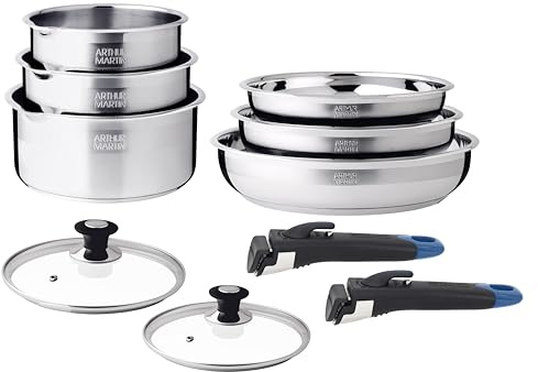 Arthur Martin - Batterie de Cuisine 10 Pièces - Acier Inoxydable 18/10 - Tous Feux dont Induction - Couvercles Verre - Poêles Ø20/22/26 - Casseroles Ø16/18/20 - Bec Verseur Gradué