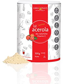BIO Acerola Pulver von Amazonas Naturprodukte - Natürliches Vitamin C aus ganzen Acerola Kirschen | Vitamin C-Depot auffüllen | Ohne Farbstoffe & Gentechnik | Vegan | Premium-Qualität | 500 g