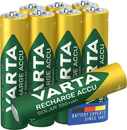 VARTA Batterien AAA, wiederaufladbar, 8 Stück, Recharge Accu Solar, Akku, 550 mAh Ni-MH, sofort einsatzbereit, für Solar-Gartenleuchten entwickelt