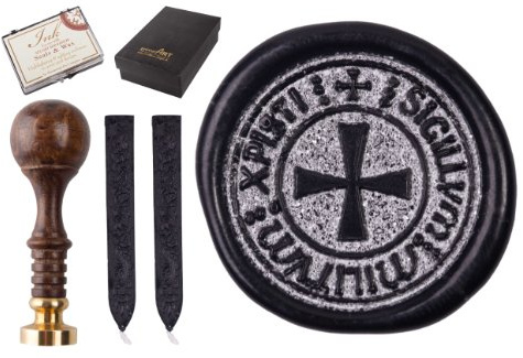 gravurART - Siegel Stempel Gravur Tempelritter Tatzenkreuz mit 2 Stangen Siegelwachs und Siegelkissen