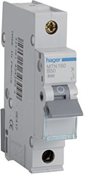 Hager MTN150 Miniature Circuit Breaker, 1 Pole, 1 Module, Type B, 6 kA Breaking Capacity, 50 A Current