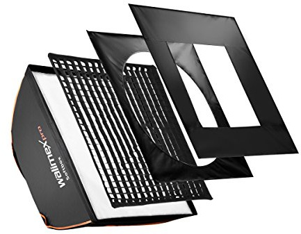 Walimex pro Softbox mit Gitter 40x40cm quadratisch I Inkl. 3cm Grid, Masken & Diffusor I Lichtformer 360° drehbar & hitzeresistent I Ideal für Produktfotografie I Fotolicht für Unterwegs & im Studio