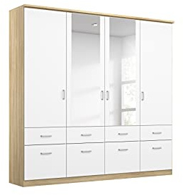 Rauch Möbel Bremen, Kleiderschrank, Farbe Weiß/Eiche Sonoma, Breite 181 cm | Schrank, Mehrzweckschrank, 4-türig, Spiegel, 8 Schubladen, für Schlafzimmer, Kinderzimmer, Homeoffice, Gästezimmer, Garderobe