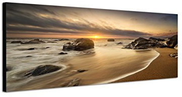 Augenblicke Wandbilder Keilrahmenbild Wandbild 150x50cm Meer Strand Steine Sonnenaufgang Wolken