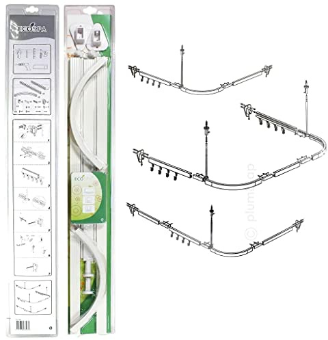 ECOSPA Angled Bathroom Shower Curtain Track Rail with Hooks for L SHAPE or U SHAPED Showers, White