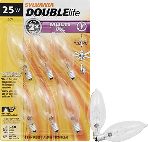 Sylvania Incandescent Double Life Light Bulb, B10, 25W, Candelabra Base, 175 Lumens, 2850K, Clear, Soft White - 6 Pack (18748)