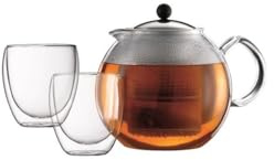 Bodum ASSAM SET Tea Press (1.5 L/51 oz) and Glases (Double-walled, 0.25 L/8 oz) - Shiny, K1833-16