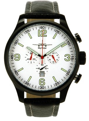 SkyTimer 501025405 - XXL-Fliegeruhr, Quarzwerk Miyota OS20, Edelstahlgehäuse schwarz 47mm, 5 ATM wasserdicht, Lederband