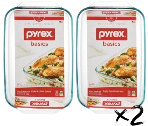 Pyrex Basics 3 Quart Oblong Glass Baking Dish, Clear 9 x 13 inch - Set of 2 - Original Genuine Pyrex - Made in the USA