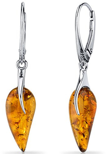 Peora Genuine Baltic Amber Leaf Drop Earrings for Women 925 Sterling Silver, Leaf Shape, Rich Cognac Color, French Clip, Real Baltic Amber Earrings for Adults, 100% Natural from Baltic Region