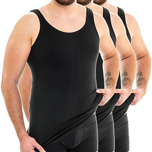 HERMKO 3007 3-pack extra lång (ca. 10 cm+) Herrlinne väst i 100 % bio-bomull, Svart, L