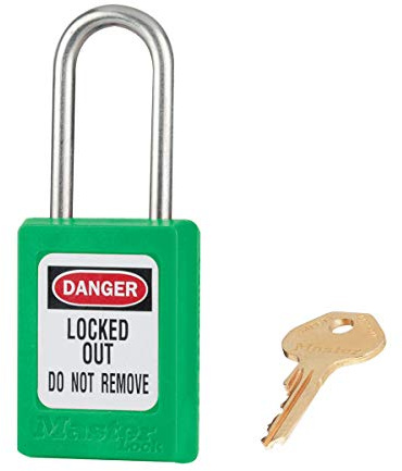 MASTER LOCK Thermoplastisches Sicherheitsvorhängeschloss [Verschiedenschließender] [Grün] - S31GRN - 35 mm breit mit 38 mm hohem Bügel aus Edelstahl und Schlüsselrückhaltung