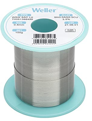 Weller WSW SAC L0 T0051388499 Fil De Soudage Sans Plomb, Ø 0,5mm, Alliage Sn96.5Ag3.0Cu0.5, Teneur De L'écoulement 3,5% 100g