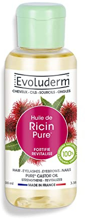 EVOLUDERM - Huile de Ricin Pure - Huile Végétale - Cheveux, Ongles, Cils et Sourcils - 100 ml - 100% d'Origine Naturelle - Végan - Fabrication Française