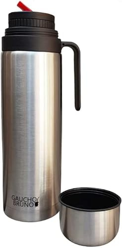 Gaucho Bruno Yerba Mate Flask - Thermal Drink Container with Precision Pour Spout for Water, Handle & Screw Lid - Insulated Canteen for Hot & Cold Beverage - Brushed Stainless Steel - 1 Litre Capacity