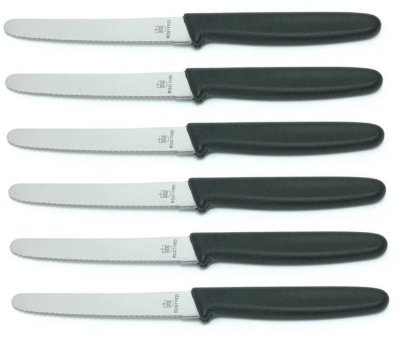 6 Stück Neustanlo Tafelmessser 10299 Menümesser Tischmesser Buttermesser Brötchenmesser / Klinge Eldelstahl rostfrei Wellenschliff / Griffe Kunststoff schwarz