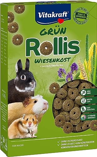Vitakraft Rollis, Knusperringe, Ergänzungsfutter für Nager, mit Luzerne und Wiesenlieschgras, unterstützen Verdauung und Zahnabrieb, ohne Zusatz von Zucker und Getreide (1x 500g)