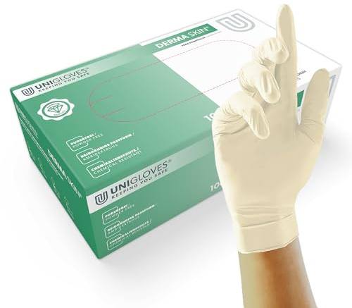 UNIGLOVES Derma Skin 1704 Latexhandschuh | Puderfrei, Besonders feinfühlig für Krankenhäuser, Arztpraxen & Kosmetikstudios,100 Stück, Einmalhandschuh L
