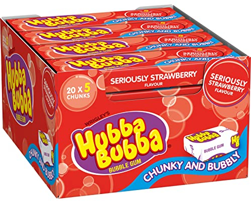 Hubba Bubba Chewing Gum, Seriously Strawberry, 20 Packs of 5 Pieces