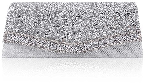 Damara Klassische Clutch-Cocktailtasche für Damen mit schillerndem Kristallbesatz, silber, Medium